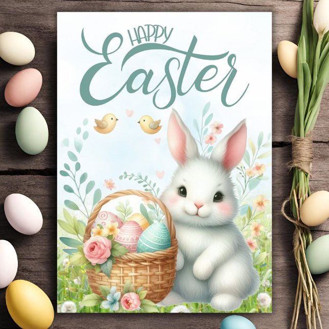Cute Bunny med Basket Anpassningsbar Glad påsk Helgkort (Cute Bunny With Basket Custom Happy Easter Holiday Card with customizable text.)