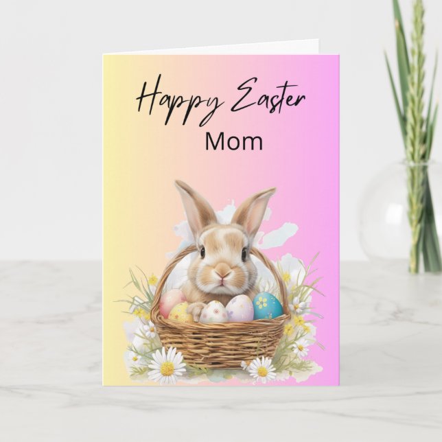 Cute Bunny med Basket av ägg, rosa och gult Helgkort (Framsida)