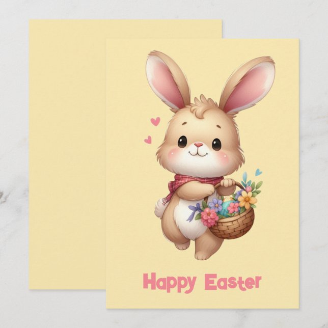 Cute Bunny med basket och sjö gult Julkort (Fram/baksida)