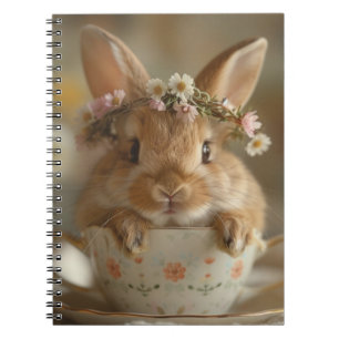Cute bunny med blomman krona i kopp anteckningsbok