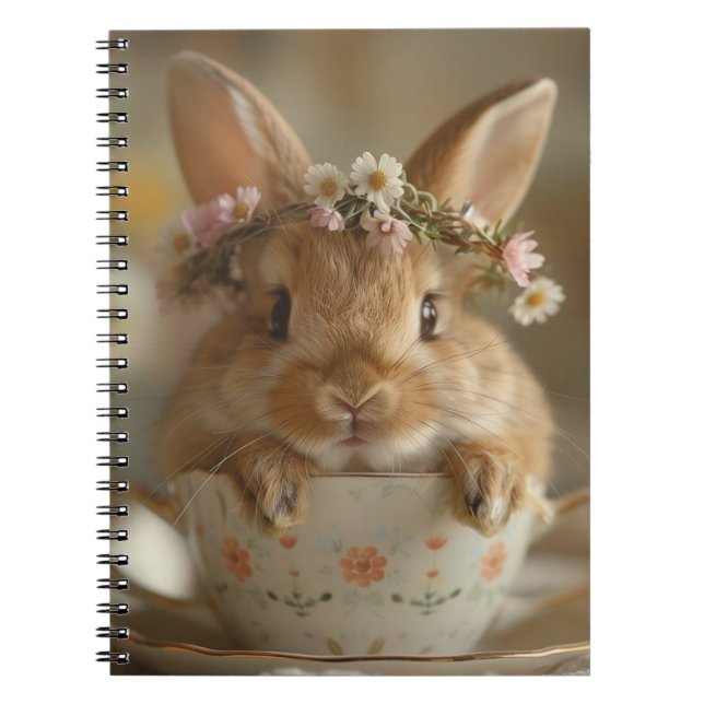 Cute bunny med blomman krona i kopp anteckningsbok (Framsidan)