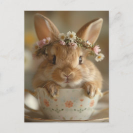 Cute bunny med blomman krona i kopp vykort