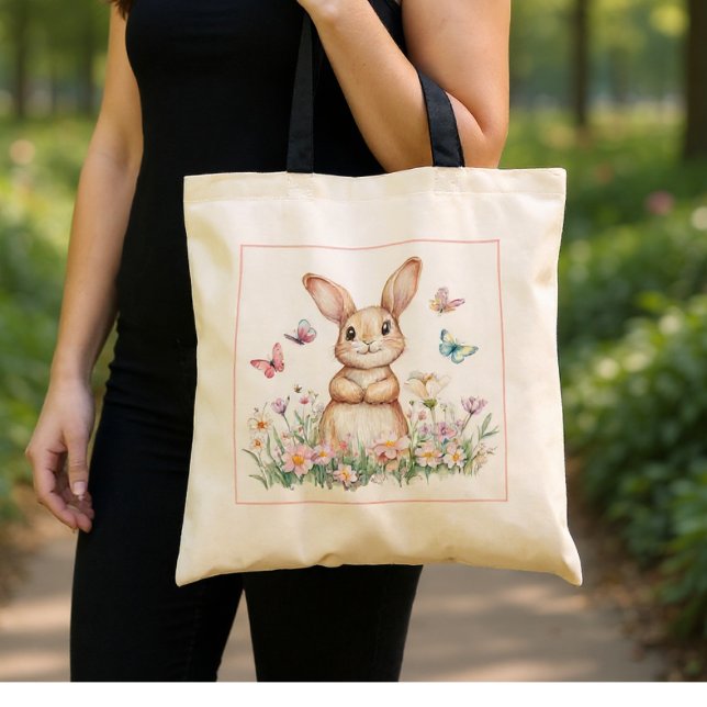 Cute Bunny med Butterflies och Vår blommor Tygkasse (Skapare uppladdad)