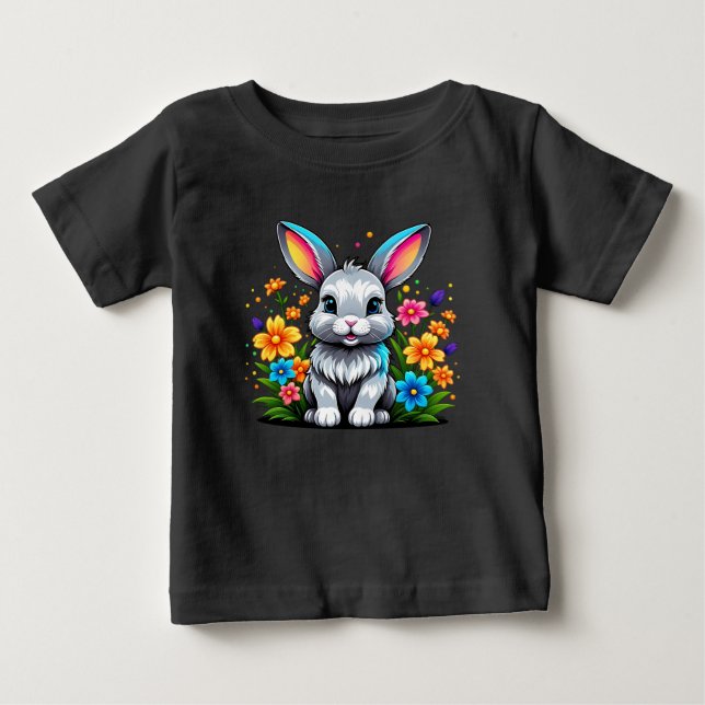 Cute Bunny med färgstarka blommor T Shirt (Framsida)