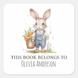 Cute Bunny med Flowers Tillhören Bok Fyrkantigt Klistermärke