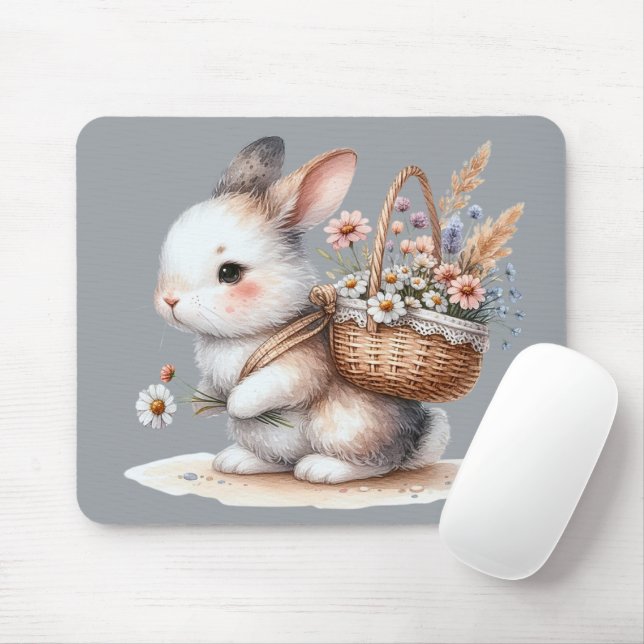 Cute Bunny med Flowers Watercolor Art Musmatta (Med mus)