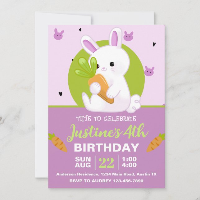 Cute Bunny med morot Födelsedagsfest Inbjudningar (Framsida)