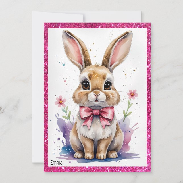 Cute bunny med rosa bockfödelsedag inbjudningar (Framsida)