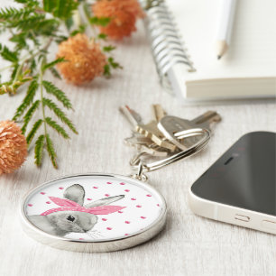 Cute Bunny med Rosa Bow Rund Silverfärgad Nyckelring