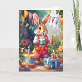 Cute bunny med tårta, i trädgård vid party | Kort
