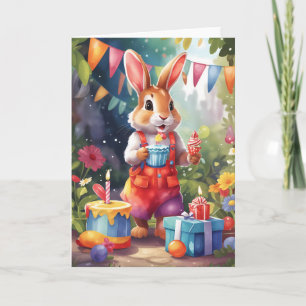 Cute bunny med tårta, i trädgård vid party Kort
