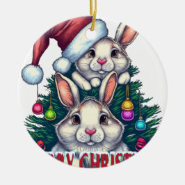 Cute Bunny Merry Christmas – Holiday Rabbit Julgransprydnad Keramik