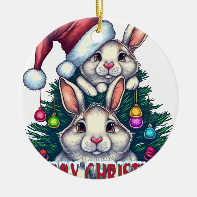 Cute Bunny Merry Christmas – Holiday Rabbit Julgransprydnad Keramik (Framsidan)