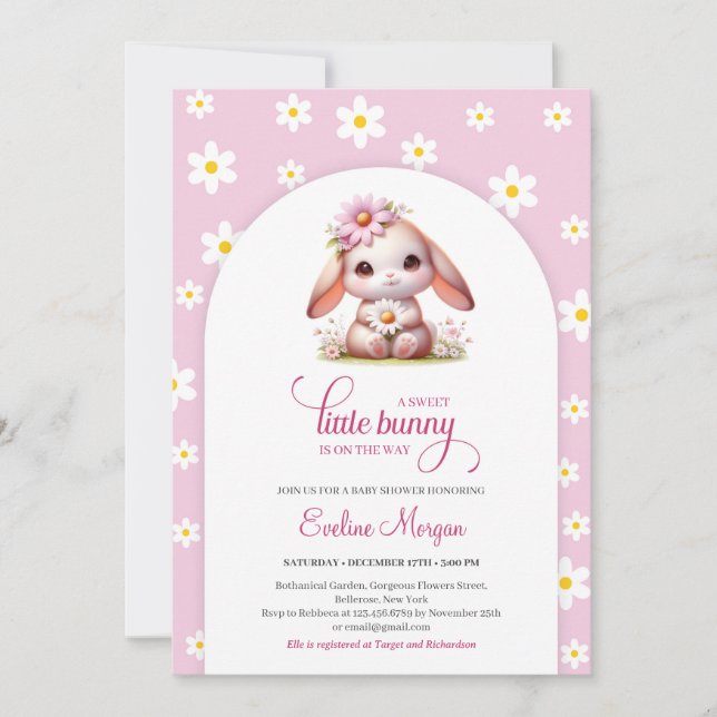 Cute bunny mjuk pastel rosa vit daisy vår inbjudningar (Framsida)
