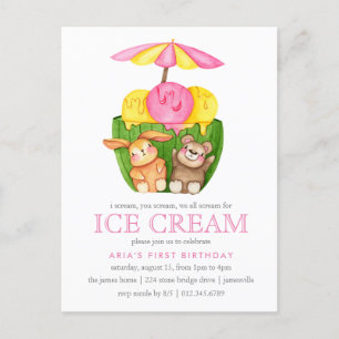 Cute Bunny Nalle Ice Cream 1:a födelsedagen Party Inbjudan Vykort