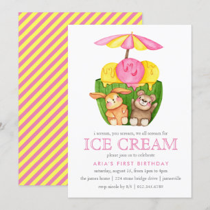 Cute Bunny Nalle Ice Cream 1:a födelsedagen Party Inbjudningar