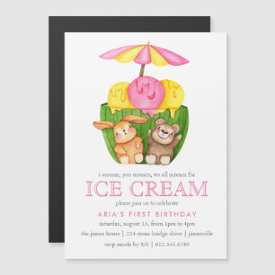 Cute Bunny Nalle Ice Cream 1:a födelsedagen Party Magnetisk Inbjudningskort