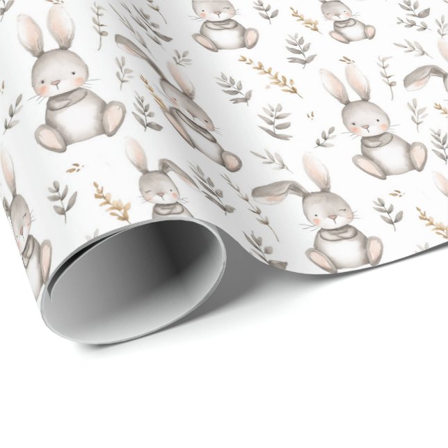 Cute Bunny Neutralt Grått Baby Presentpapper (Rullad Hörn)