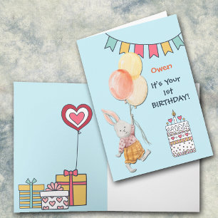 Cute Bunny och Balloons första födelsedag Helgkort