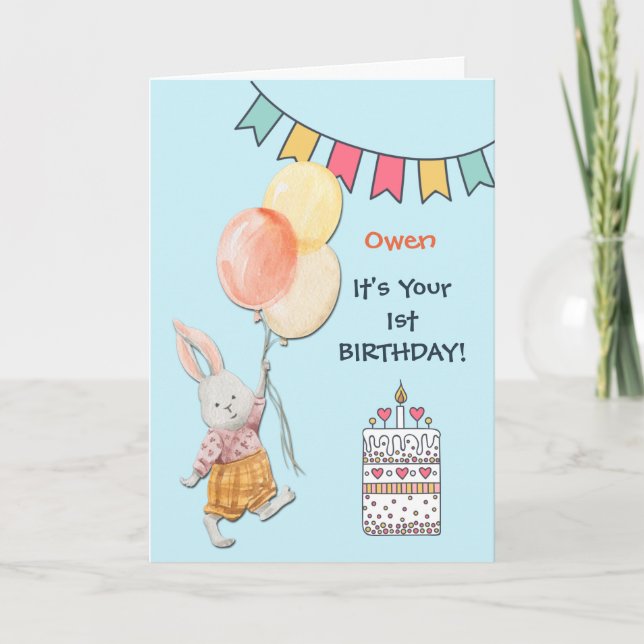 Cute Bunny och Balloons första födelsedag Helgkort (Framsida)