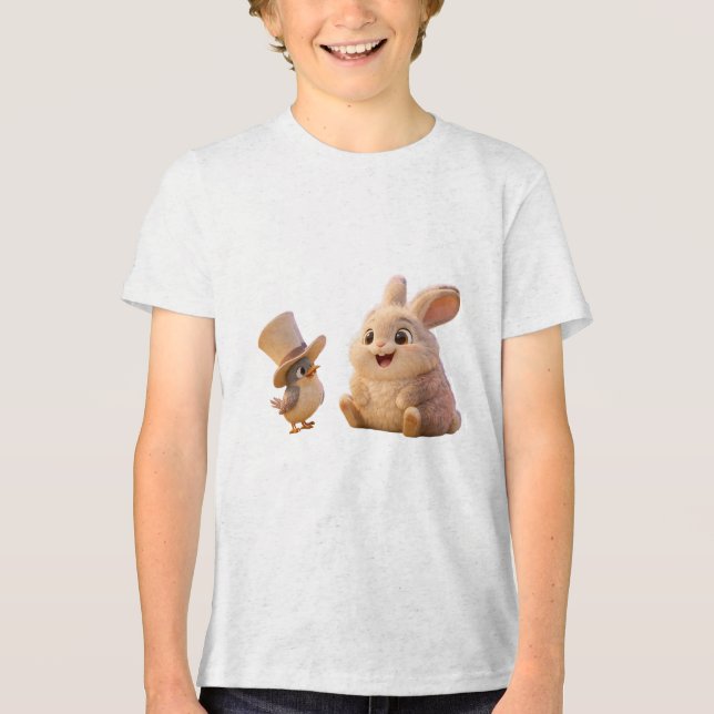 Cute Bunny och Bird med Top hat T Shirt (Framsida)