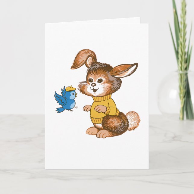 Cute Bunny och Bluebird Barns födelsedag Card Kort (Framsida)
