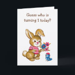 Cute Bunny och Bluebird Kids First Birthday Card Kort<br><div class="desc">Cute-brunt med blå fågel.</div>