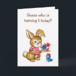 Cute Bunny och Bluebird Kids First Birthday Card Kort<br><div class="desc">Cute-brunt med blå fågel.</div>
