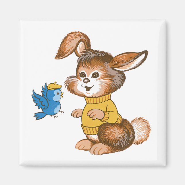Cute Bunny och Bluebird Magnet (Framsidan)