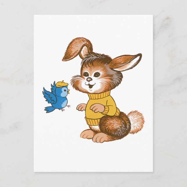 Cute Bunny och Bluebird Postcard Vykort (Framsida)