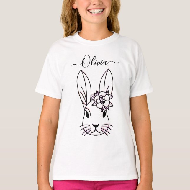 Cute Bunny och Flower. Anpassa T-Shirt (Framsida)