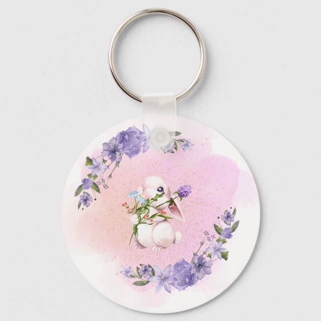 Cute Bunny och Flowers Nyckelring (Framsida)