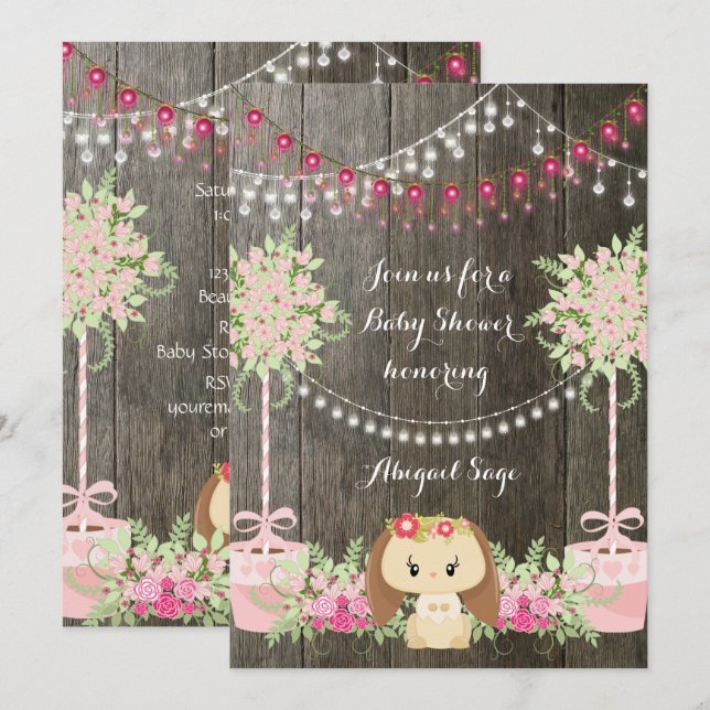Cute Bunny och Flowers Rustic Baby Shower Inbjudan (Fram/baksida)