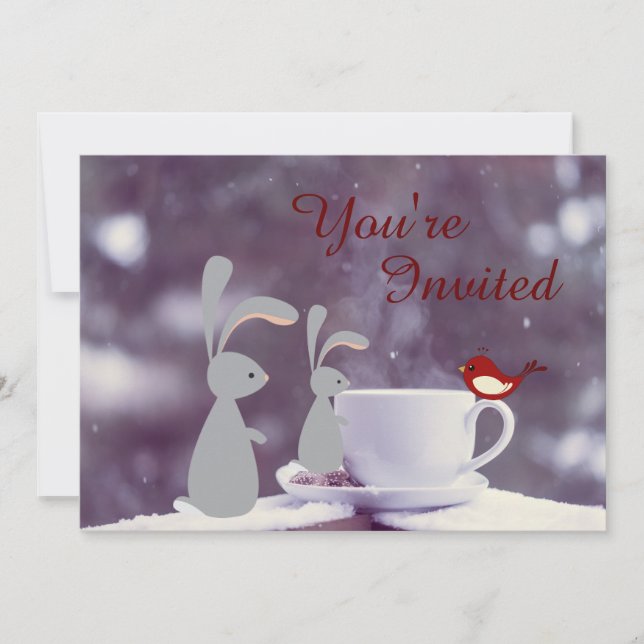 Cute Bunny och Tea Kopp i Snö 1:a födelsedagen Inbjudningar (Framsida)