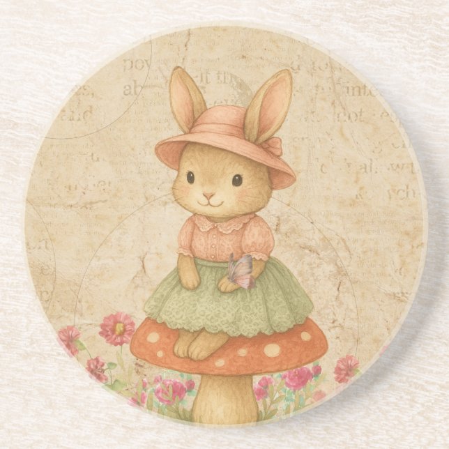 Cute Bunny on Mushroom | Pastel Coaster Underlägg (Framsidan)