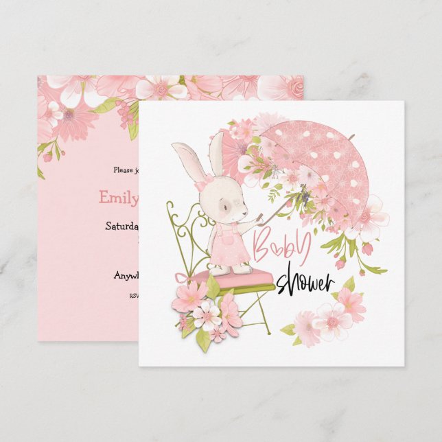 Cute Bunny Parbrella Blommigts Girl Baby Shower Inbjudningar (Fram/baksida)