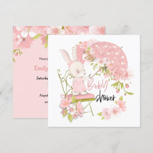 Cute Bunny Parbrella Blommigts Girl Baby Shower Inbjudningar