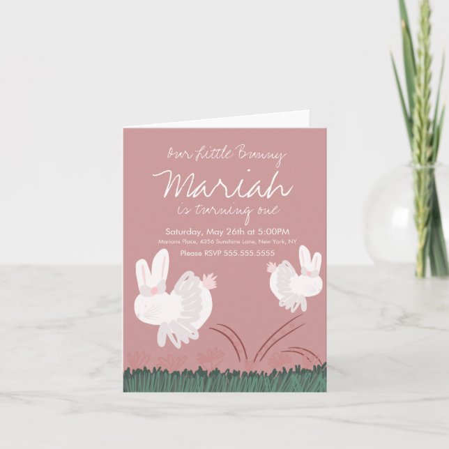 Cute Bunny Påsk 1:a födelsedag Hand plockade Kraft Inbjudan (Framsida)