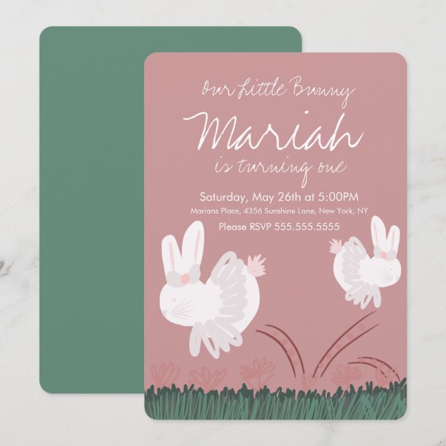 Cute Bunny Påsk 1:a födelsedag Hand plockade Kraft Inbjudningar (Fram/baksida)