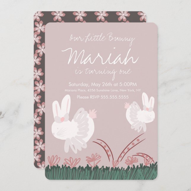 Cute Bunny Påsk 1:a födelsedagen Hand plockade Inbjudningar (Fram/baksida)