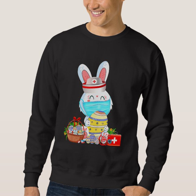 Cute Bunny Påsk Ansikte Mask Nurse Stethoscope Öst Lång Ärmad Tröja (Framsida)