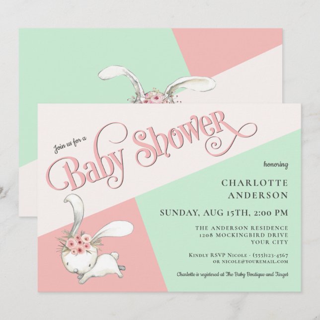 Cute Bunny Pastel Girl Baby Shower-inbjudan Inbjudningar (Fram/baksida)