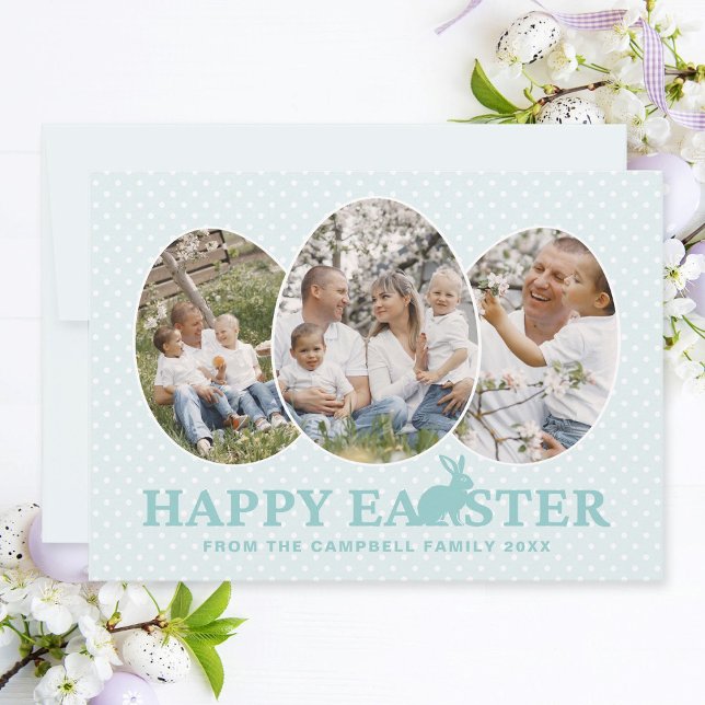 Cute Bunny Pastel Turkvoise Egg Shape Påsk Photo Julkort (Easter family photo collage card with egg-shaped photo frames, pastel turquoise text and bunny.)