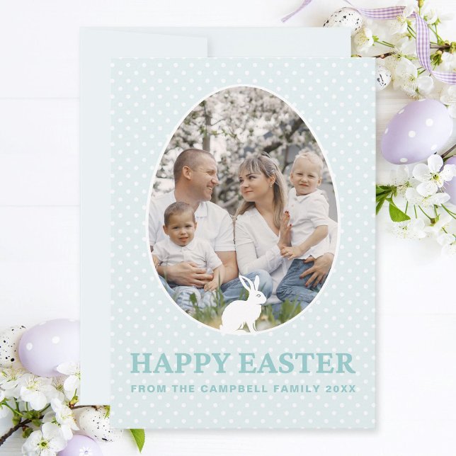 Cute Bunny Pastel Turquise Egg Shape Photo Påsk Julkort (Modern Happy Easter family photo card with cute Easter bunny and text elements in pastel turquoise.)