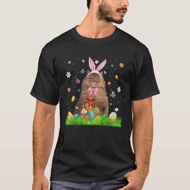 Cute Bunny Persian Cat & Easter Egg Basket Easter  T Shirt (Framsida)