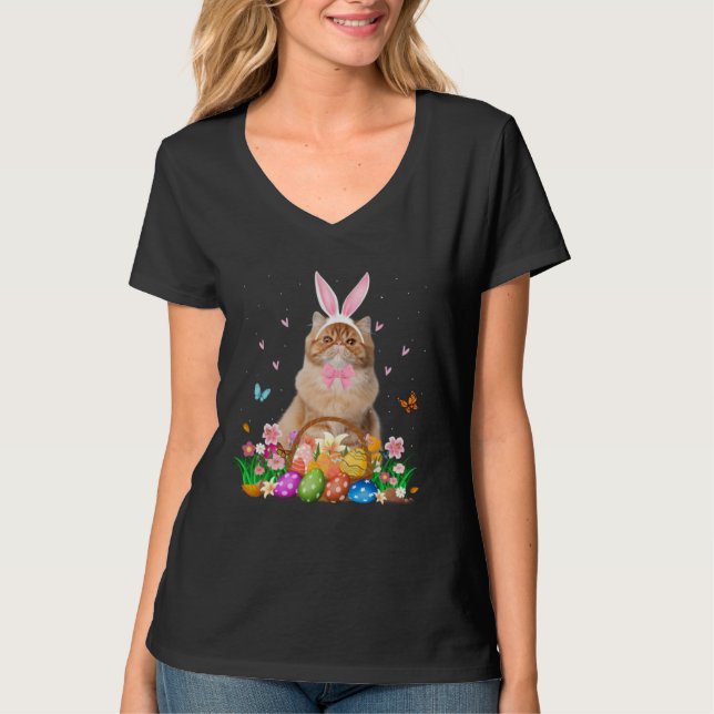 Cute Bunny Persian Cat & Easter Egg Basket Easter  T Shirt (Framsida)