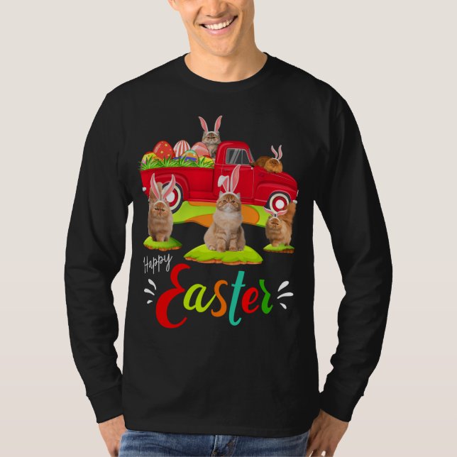 Cute Bunny Persian Cats Riding Red Lastbil Lycklig T Shirt (Framsida)