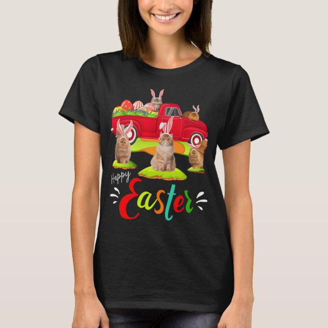 Cute Bunny Persian Cats Riding Red Lastbil Lycklig T Shirt (Framsida)