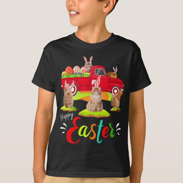 Cute Bunny Persian Cats Riding Red Lastbil Lycklig T Shirt (Framsida)