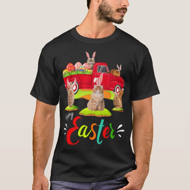 Cute Bunny Persian Cats Riding Red Lastbil Lycklig T Shirt (Framsida)